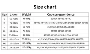 Tableau des tailles détaillé pour soutien-gorge de sport du S au 5XL avec bonnets