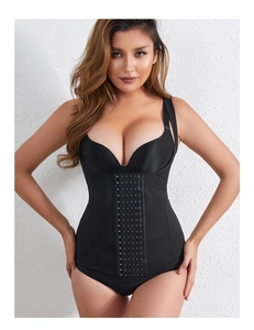 Detailed front view of black waist trainer vest with multi-row hook-and-eye closures