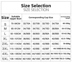 Detailed size chart for sports bra from S to 5XL with bust measurements and cup guide
