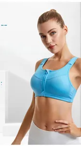 Detailed close-up of sky blue sports bra with a convenient front zipper and full cup design