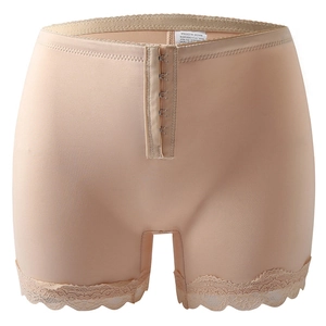 Seamless high waist tummy control shapewear with front hooks and lace trim in beige
