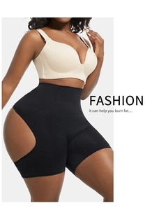 Detail view of high-waist slimming shapewear with side cut-outs and butt-lifting feature
