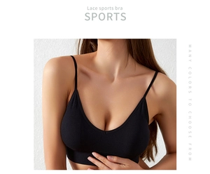 Close-up of black ribbed lace sports bra featuring thin straps and deep V-neckline detail