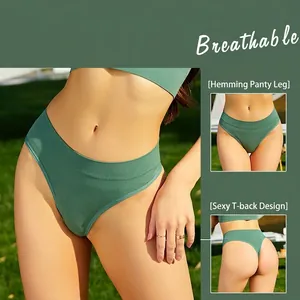 Tanga vert côtelé pour femme avec taille moyenne et gousset en coton respirant