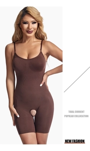 Detail of coffee-colored high-stretch bodysuit featuring waist control and open crotch design