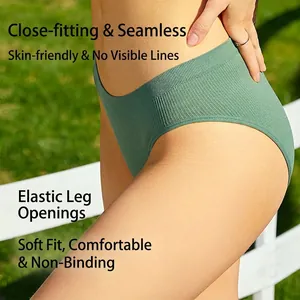 Avocado green seamless ribbed cotton panties for women with high elasticity and mid-waist fit