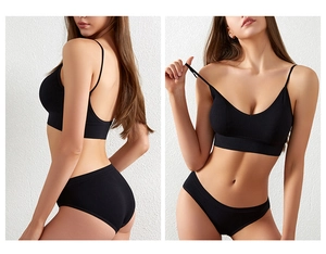 Detailed views of black ribbed seamless bra and panty set with thin shoulder straps