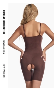 Detail view of coffee shapewear bodysuit featuring compression waist and butt lift cutouts