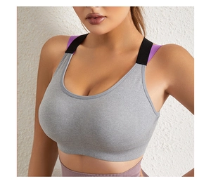 Detail of grey sports bra featuring seamless knit texture and dual-color straps