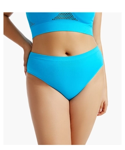 Detail view of sky blue seamless sports thong and breathable laser-cut mesh vest