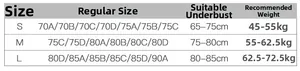 Size chart detail for sports bra including underbust and weight conversion measurements