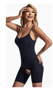 Detail of black seamless bodysuit with thin straps and open crotch for postpartum support