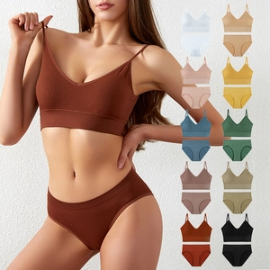 Women's Seamless Ribbed Lingerie Set Sexy V-Neck Wireless Push Up Bralette Top And Bottom Ribbed Knit Underwear Set