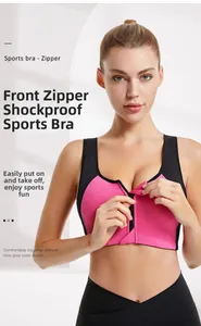 Detailed front zipper close-up on shockproof sports bra with black and pink contrast design