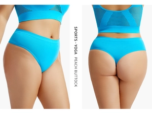 Detail of bright blue seamless high waist sports thong with peach buttock lifting effect