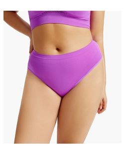 Detail of purple seamless athletic thong with high elasticity and mesh cutout accents