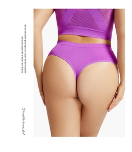 Detail of purple seamless athletic thong with breathable mesh knit and moisture-wicking fabric