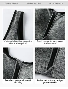 Close-up of front zipper closure and wide shoulder straps on gray sports bra