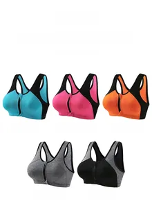 Detailed grid of zipper sports bras in five colors featuring breathable mesh texture