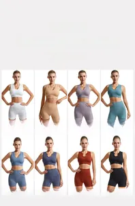 U-neck racerback sports bra and high waist biker shorts set in eight vibrant colors