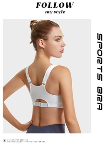 Detail of white sports bra with adjustable straps and multi-row hook-and-eye back closure