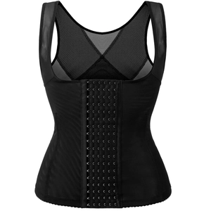 Black slimming shapewear vest with multi-row hook closures and breathable mesh back