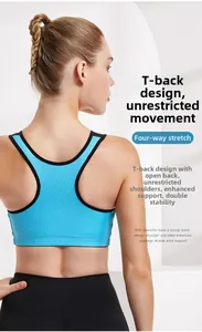 Detail of racerback sports bra in sky blue with black trim and breathable fabric