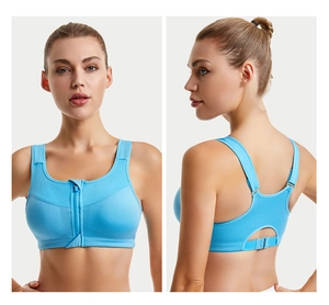Detailed front zipper and adjustable back clasp on high-support light blue sports bra