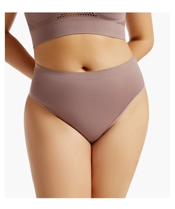 Detail of high-waist seamless thong and breathable sports vest in dusty pink knit