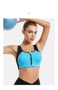 Detail of high-impact sports bra with front zipper closure and blue contrast panels