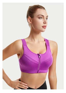 Close-up of bright purple sports bra featuring front zipper and wide shoulder straps