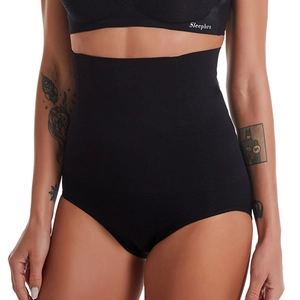 Women high waist tummy control shapewear shorts in black elastic fabric for body sculpting