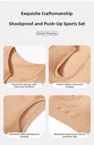 Close-up of ribbed sports bra detailing U-neckline, durable cuffs and wide elastic hemline