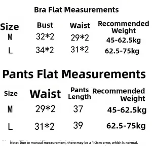 Detailed size chart for women's sports bra and leggings set showing M and L dimensions