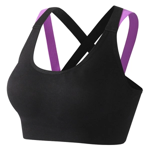 Black and purple crossover back sports bra with high-elasticity wide straps for yoga