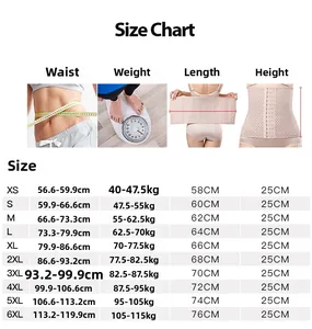 Detailed size chart for waist trainer with measurements for waist, weight, and height