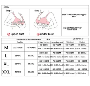 Detailed size chart for non-wired bra and panties set including M to XXL measurements
