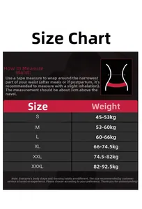 Detailed size chart for waist cincher with measurement guide and weight weight categories