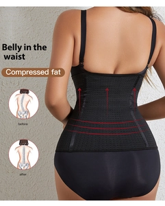 Detail view of breathable black waist trainer with back support and compression mesh