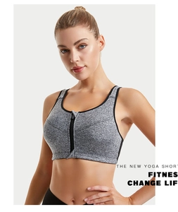 Close-up of front zipper closure and grey elastic fabric on high impact sports bra