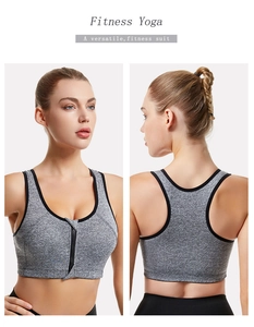 Detailed front and back views of gray sports bra with front zipper and racerback design