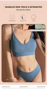 Detail of blue seamless ribbed lingerie set showing breathable fabric and thin straps
