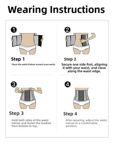 Detailed four-step guide for wearing the adjustable waist trainer with hook-and-eye closure