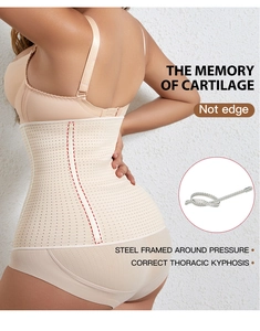 Detail of breathable beige waist trainer with memory steel bones and back support posture