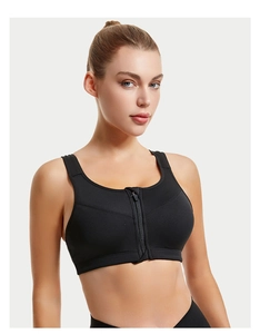Detailed front view of sports bra featuring breathable mesh and secure front zipper closure