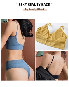 Detail of seamless ribbed knit bra and panties set featuring a sexy U-shaped back design