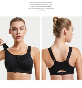 Detailed front and back views of high-impact black sports bra with zipper and racerback
