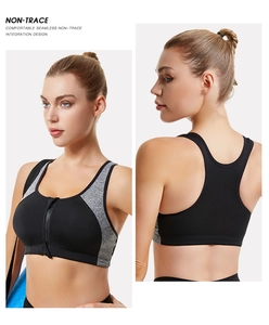 Detailed front and racerback view of a seamless sports bra with convenient front zipper closure