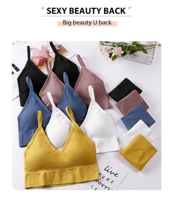 Flat lay of ribbed wireless bras in multiple colors with U-shaped back design