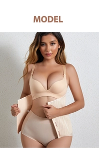 Detail of breathable waist trainer with multi-row hooks and mesh fabric on model